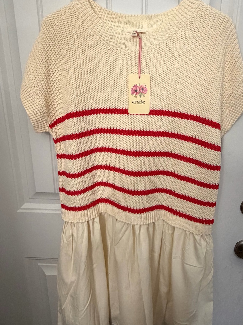 entro Cream Knit Dress with Red Stripes
